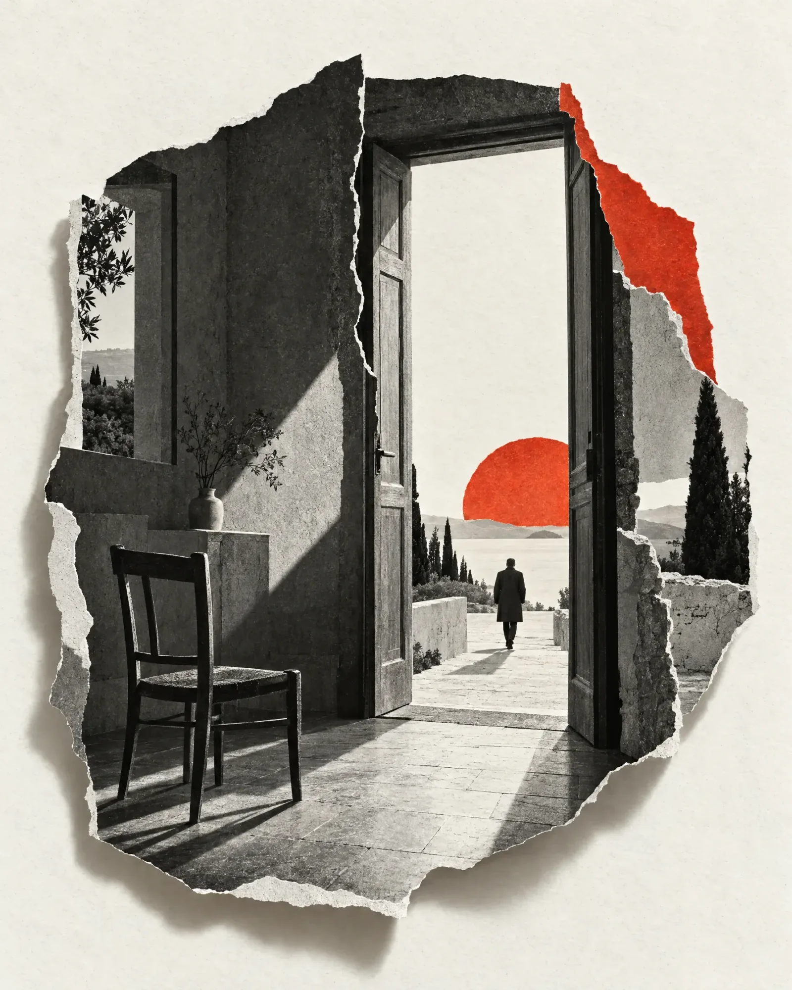 Cadeira vazia diante de uma porta aberta para um caminho e um sol vermelho.